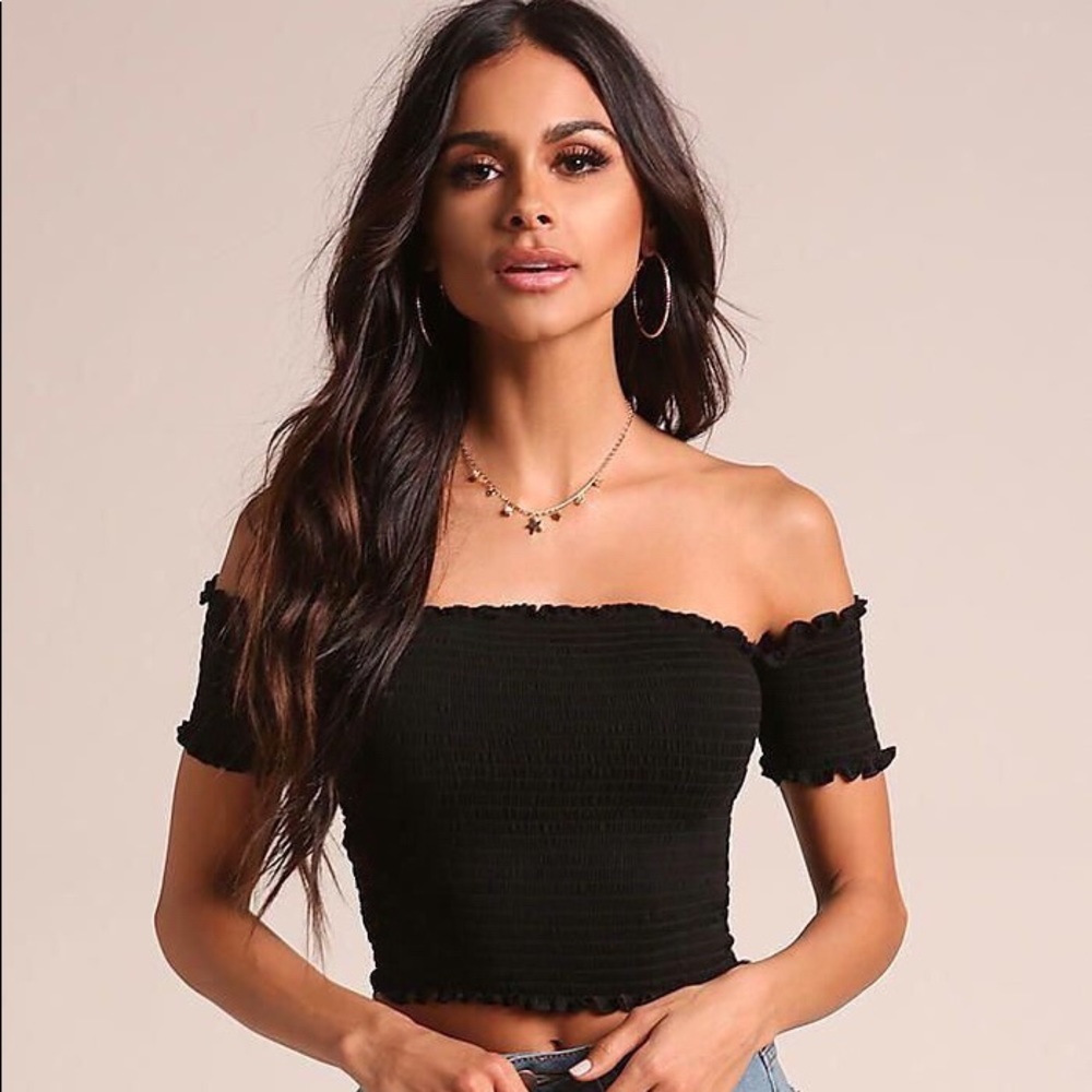 BLACK OFF-THE- SHOULDER SMOCKED TOP
